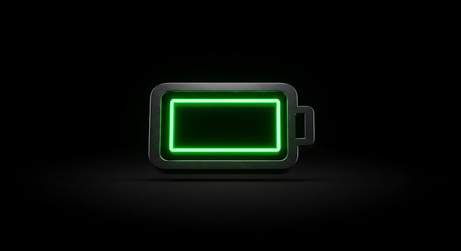 A futuristic, glowing green neon battery icon with a metallic frame, symbolizing full power and energy, set against a stark black background for a modern, hightech aesthetic