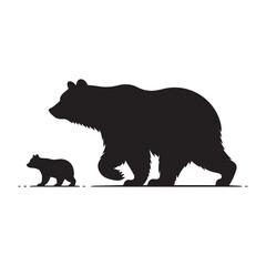 Bear walking with cub trailing behind vector silhouette outline logo design illustration