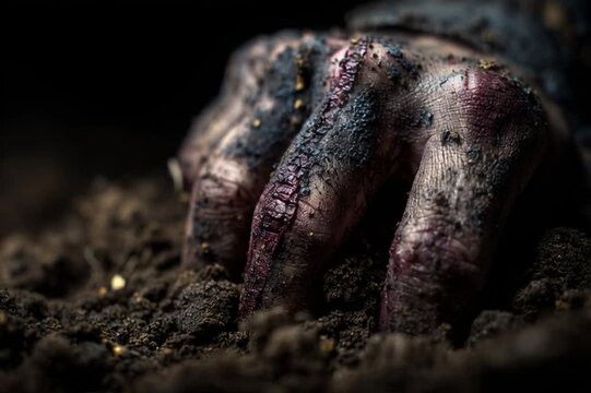 Halloween Demonic Hand Breaking Through Real Soil with Ultra-Detailed Scarred Skin Texture, Realistic Dirt and Debris, Authentic Underground Lighting, Professional Special Effects, Cinematic Horror At