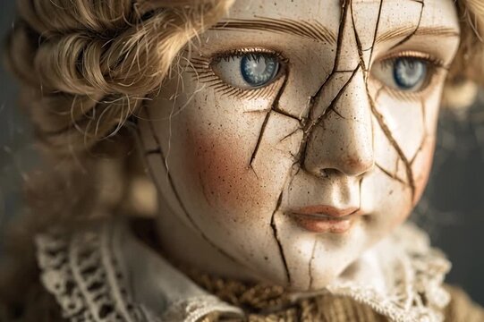 Creepy Antique Doll in Dusty Vintage Room &ndash; Ultra-Detailed Horror Video with Authentic Cracks, Haunted Atmosphere and Cinematic Lighting
