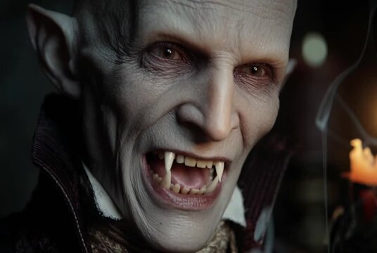 Gothic Portrait of a Victorian Vampire Count &ndash; Pale Aristocrat with Realistic Fangs in Candlelit Atmosphere