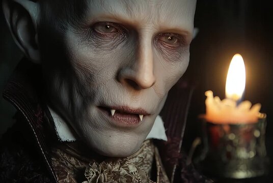 Gothic Portrait of a Victorian Vampire Count &ndash; Pale Aristocrat with Realistic Fangs in Candlelit Atmosphere