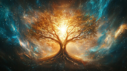 The cosmic tree of life stands tall, its branches reaching for the stars, symbolizing growth, connection, and the interconnectedness of all things