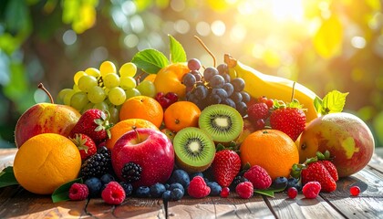 A vibrant array of colorful fruits displays a healthy and delicious selection, with oranges, apples, grapes, berries, and kiwi, all glistening in the sunlight.
