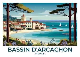 Bassin d'Arcachon, France Flat Retro Poster illustration, Landscape Travel Wall Art, Vintage High quality prints