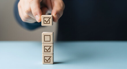 Completing tasks with checkmarks on wooden blocks signifies progress and achievement.