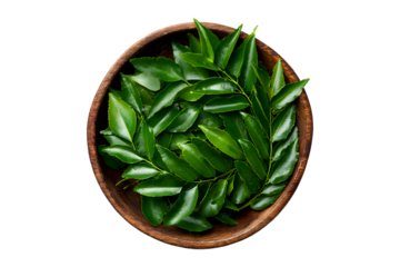 Fresh curry leaves in a wooden bowl isolated on transparent background