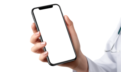 A person is holding a cell phone with a white background