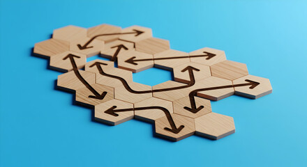 Fototapeta premium Navigating complex choices with branching paths and arrows on wooden tiles