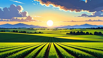 A Vibrant Illustration of a Farm Landscape Under a Colorful Sunset Sky