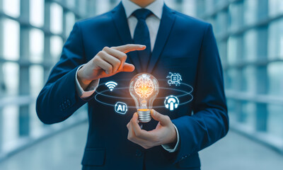 Businessman showcases innovation with glowing AI brain lightbulb and tech icons