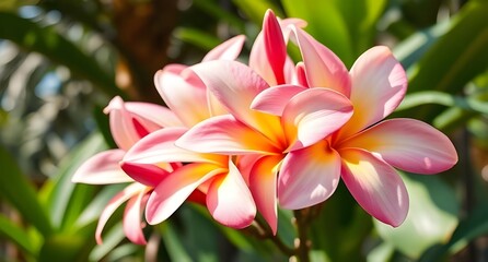 Fototapeta premium frangipani plumeria flower in bloom, vibrant petals, tropical garden background, soft sunlight, detailed texture