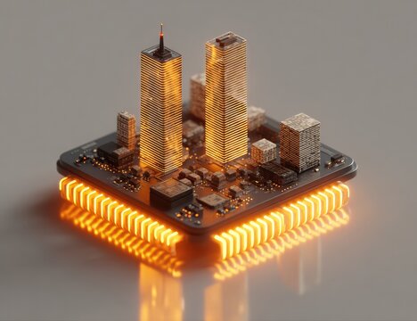 Miniature cityscape, twin towers illuminated, rests atop a glowing computer chip, reflecting on a light grey surface - Powered by Adobe