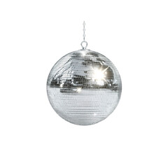 Fototapeta premium Sparkling Silver Disco Ball Hanging from Chain Against transparent background