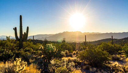 A tranquil desert landscape bathed in golden sunlight, featuring towering saguaro cacti and a distant mountain range.