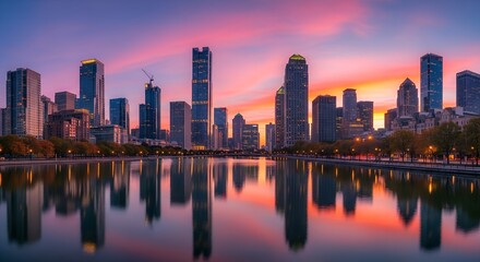 Naklejka premium Panoramic cityscape with skyscrapers reflecting in water at vibrant sunset skyline buildings.