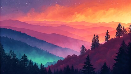 Obraz premium Vibrant sunset sky over misty mountains and pine forest landscape