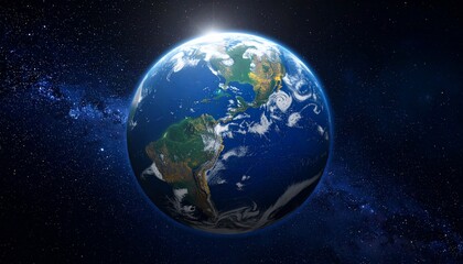 Fototapeta premium A captivating view of Earth from space, showcasing its vibrant blue waters and diverse landmasses against a backdrop of a star-studded night sky.