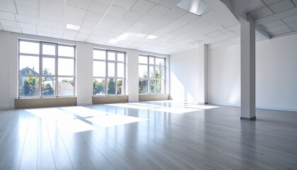 Spacious modern interior with large windows and natural light flooding the room
