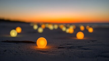 palette. Sunset beach with glowing spherical lights, creating a dreamy atmosphere through abstract bokeh effects. inspiring travel planning.