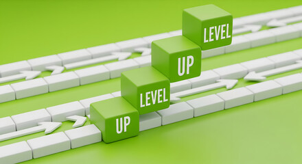 Green cubes ascend on white arrow path, symbolizing business growth and success
