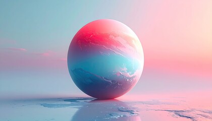 Colorful planet-like orb with red and blue hues on a reflective, icy landscape.