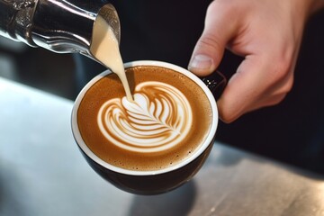 Barista pouring steamed milk into a cup of coffee to create latte art