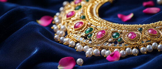 Luxury catalogue jewelry photography of a traditional Indian matha patti, laid over deep royal blue velvet with rich folds