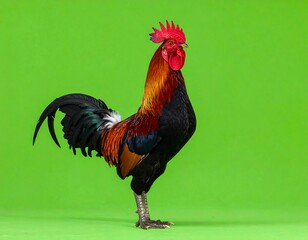 A vibrant rooster with a striking plumage stands against a solid green backdrop, showcasing its colorful feathers and alert stance.