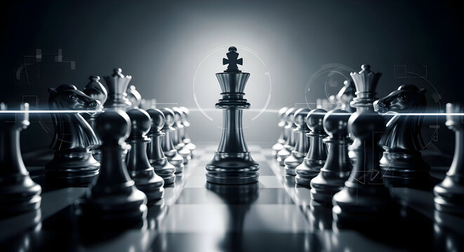 Strategic chess king leads dark army in intense business strategy showdown