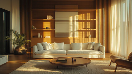 Modern living room with clean, minimal design and natural light, embodying simplicity and elegance.