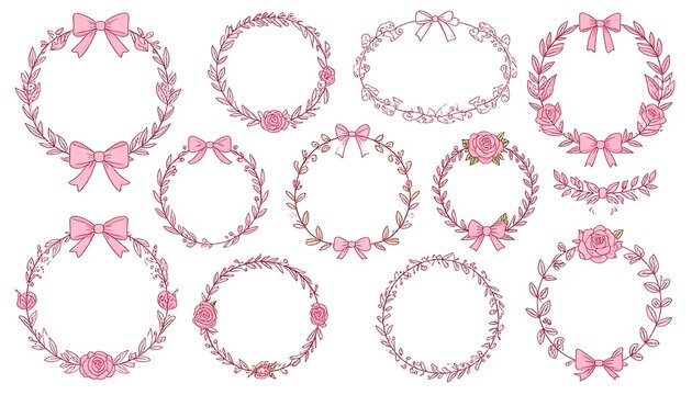 A collection of decorative pink floral wreaths with bows, perfect for design elements or crafting projects.