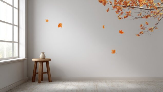 Minimalist room interior featuring a wooden stool, a vase, and autumn leaves artistically arranged against a white wall near a bright window - Powered by Adobe
