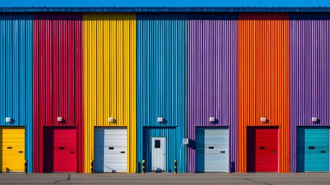 A row of colorful beach huts with vibrant doors, set against a clear blue sky - Powered by Adobe