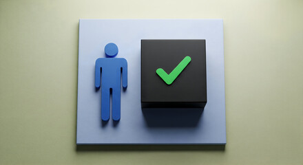 Blue person icon next to black box with green checkmark for approval