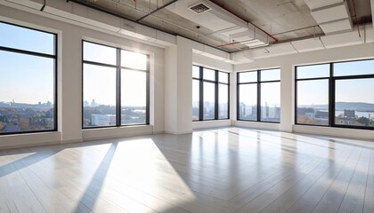 Bright spacious modern interior with large windows overlooking a cityscape scenery