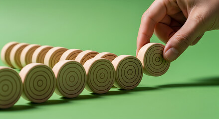 Hand places final wooden disc in a row, symbolizing completion