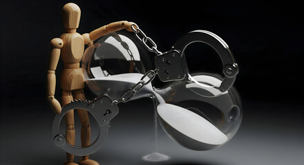 Mannequin holds hourglass chained with handcuffs, symbolizing lost time