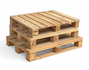 Stacked Wooden Pallets on White Background, Industrial Logistics Concept.