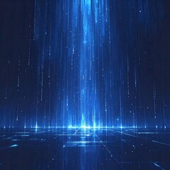 Abstract Blue Digital Matrix with Falling Light Streaks and Grid Pattern