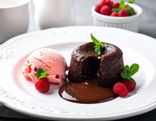 Decadent Chocolate Lava Cake with Raspberry Ice Cream and Fresh Raspberries