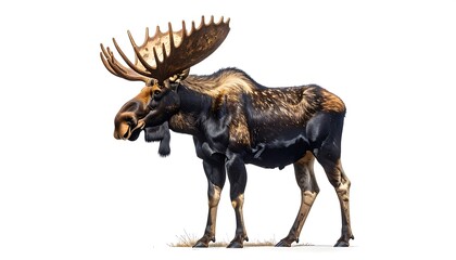 A majestic moose stands proudly against a plain white backdrop, showcasing its impressive antlers and rich brown and black coat.
