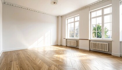 Empty room with wooden floor and large windows offering natural light and airy ambiance