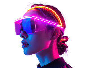Close-up profile of a person wearing futuristic neon glasses