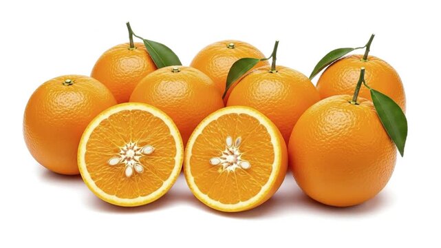 A beautiful composition of fresh, ripe oranges isolated on a clean white background. The shot features whole citrus fruits with vibrant green leaves, alongside one cut in half, showcasing its juicy pu