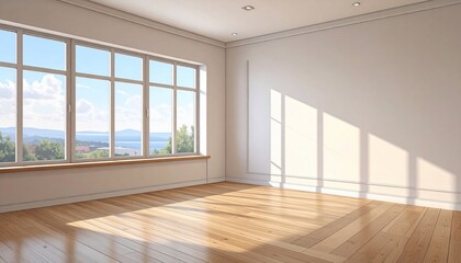 Modern minimalist interior with large window and sunlit wooden floor