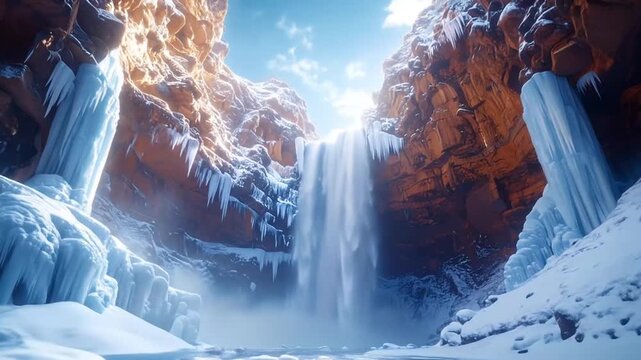 Majestic Waterfall Cascading Through Snowy Canyon Landscape