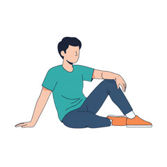 Young man sitting casually in orange shoes and blue t-shirt 