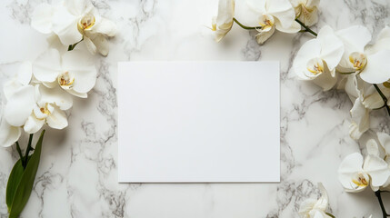 A blank card surrounded by white orchids on a marble background, perfect for a personalized message or invitation, creating an elegant and serene aesthetic