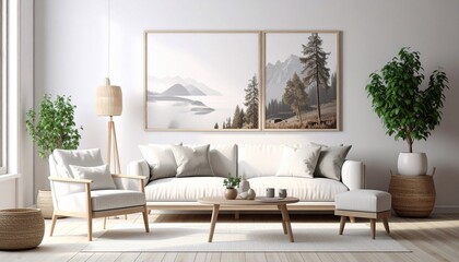 Aesthetic living room with modern furniture and landscape artwork on the wall
